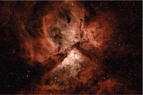 Eta-Carina-Nebel (NGC 3372) mit L-eXtreme-Filter und Astrokamera Lacerta DSP2600c bei 525 mm Brennweite aufgenommen.